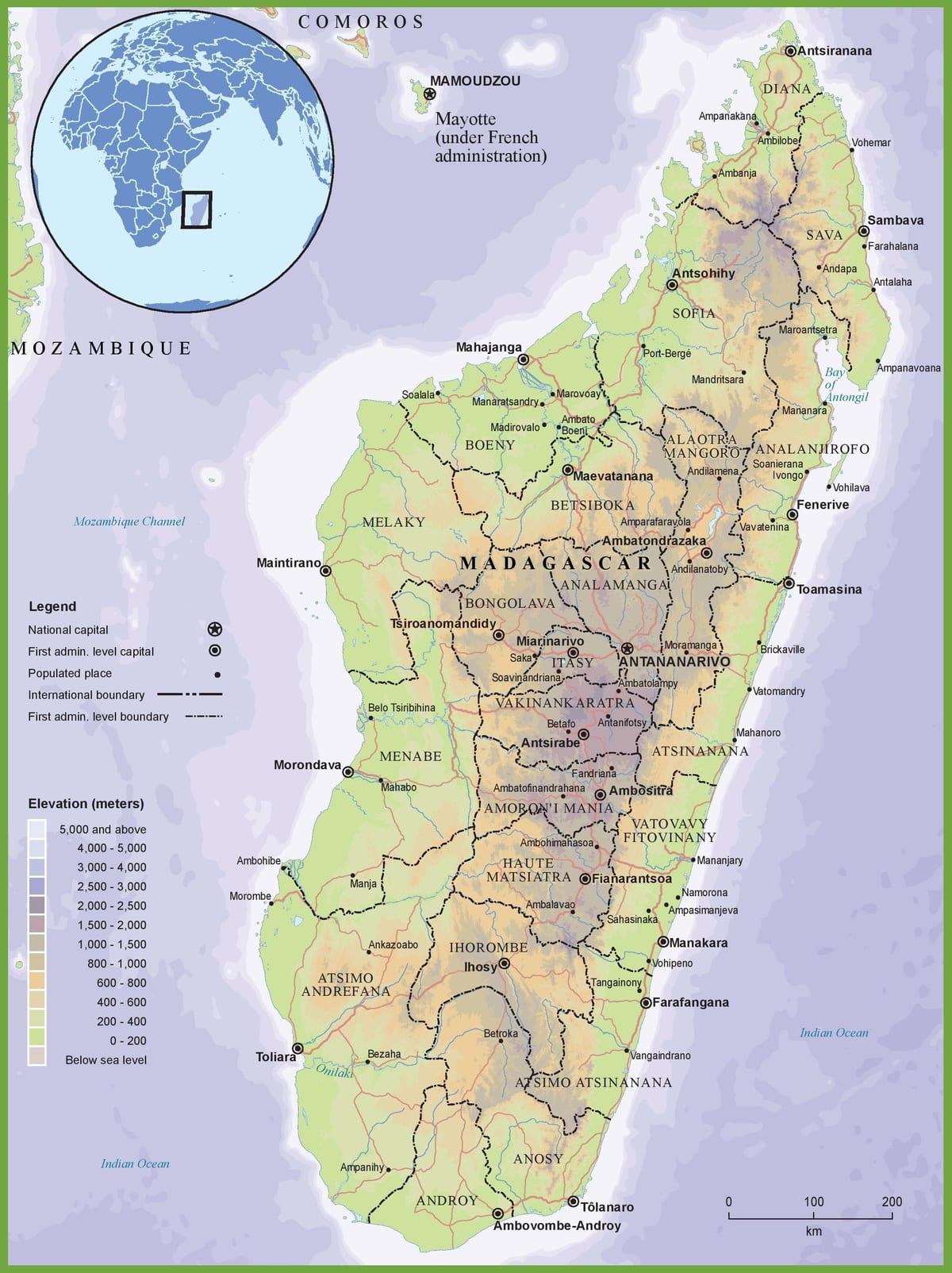kartes fiziskās karte Madagaskara