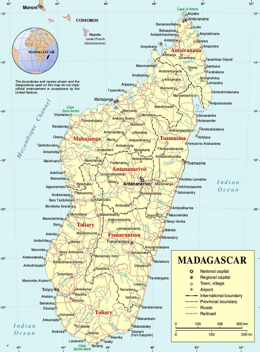 Madagaskara kartē ar pilsētām