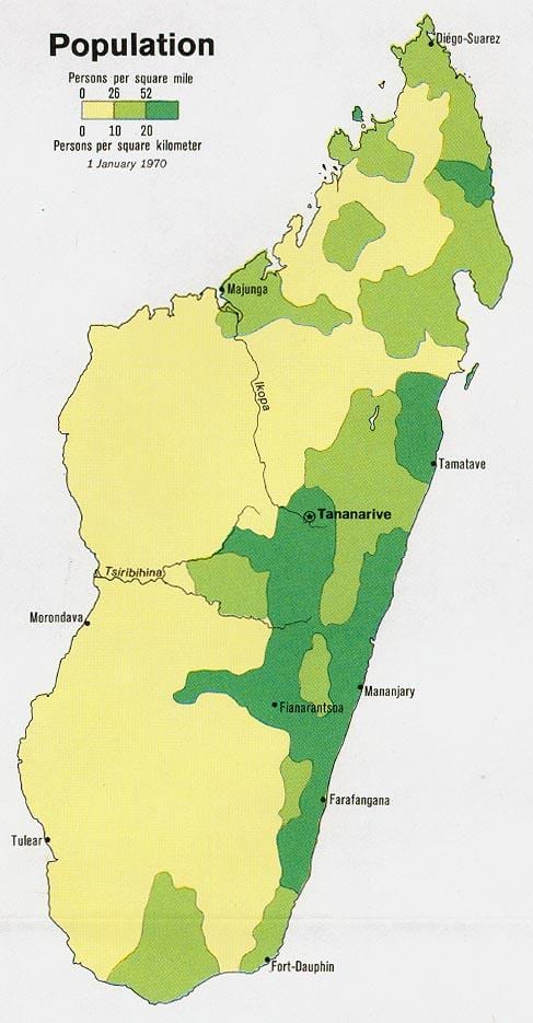 Madagaskaras iedzīvotāju blīvums karte